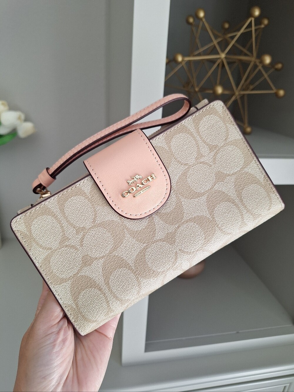 NWT Coach Signature Canvas Tech Phone Colorblock Wallet Faded Blush/Light Khaki